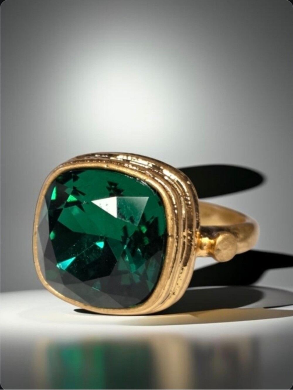 18k Gold Plated Luxury Byzantine Revival Cushion Cut Emerald Crystal Ring
